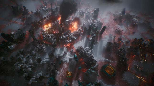 Fire and snow in a grim-looking settlement, seen from above.